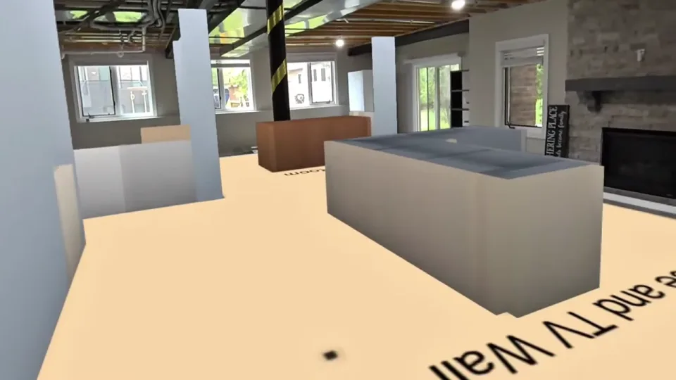 Virtual walls and furniture overlaid in a real room, captured from the working Floor Plan AR prototype.