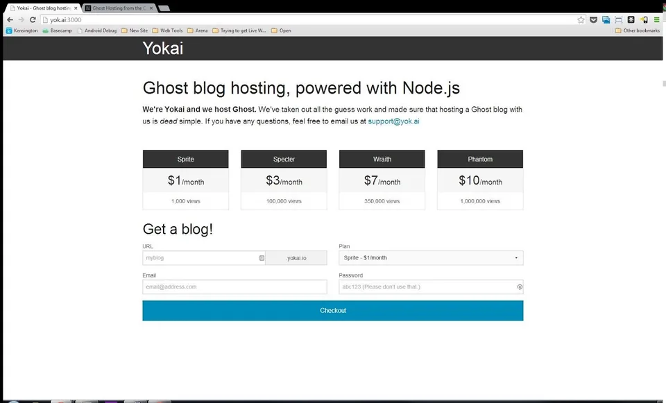 Original Yokai website screenshot showing the Sprite, Specter, Wraith, and Phantom hosting plans, plus a signup and checkout form.