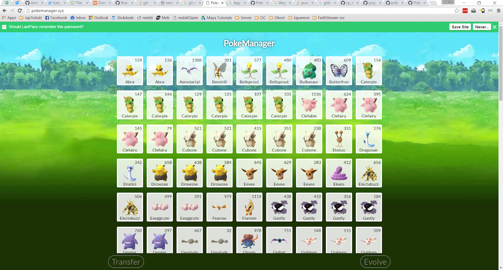 Original PokeManager desktop interface showing Pokémon in a grid, their CP values, and Transfer and Evolve buttons.
