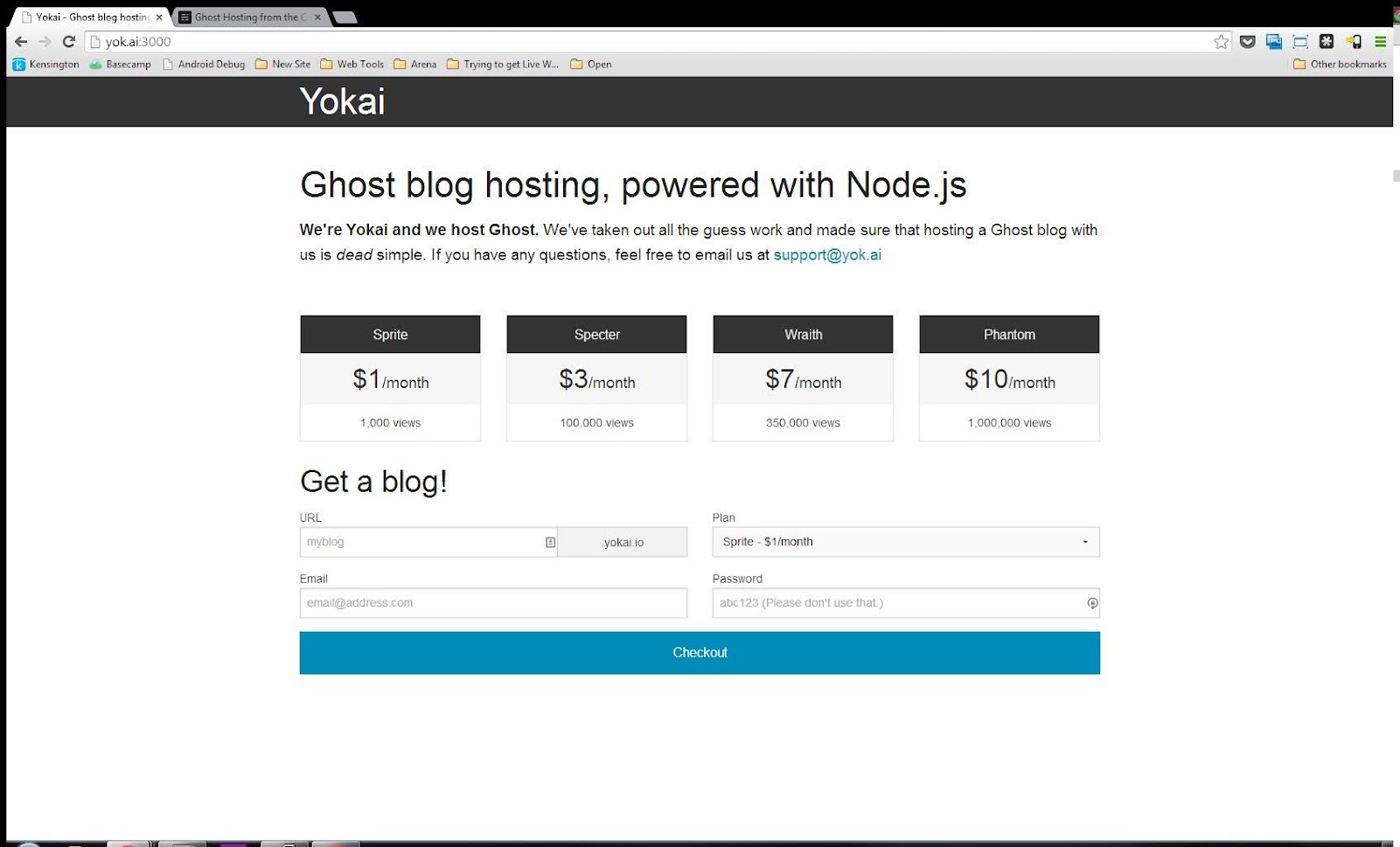 Original Yokai website screenshot showing the Sprite, Specter, Wraith, and Phantom hosting plans, plus a signup and checkout form.